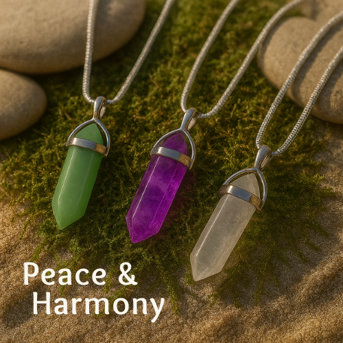Conjunto de collar de cristal Peace & Harmony: aventurina, fluorita violeta, cuarzo transparente