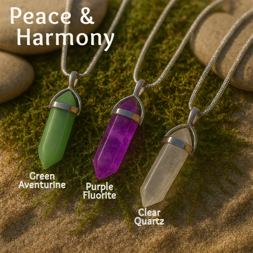 Conjunto de collar de cristal Peace & Harmony: aventurina, fluorita violeta, cuarzo transparente