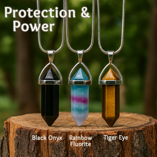 Protection & Power Crystal Necklace set - Onyx, Fluorite, Tiger Eye