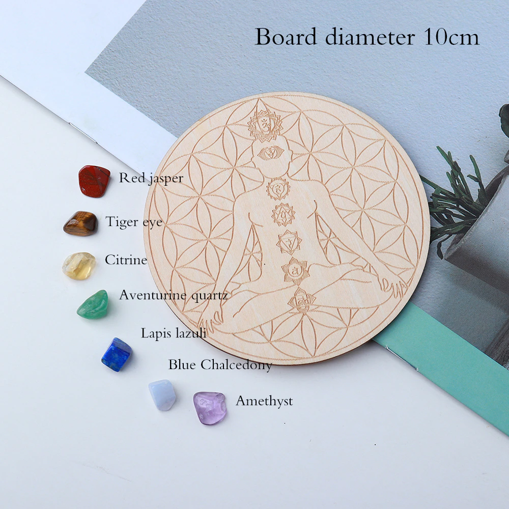 Dainty 7 Chakra Crystal Set + Wood Grid
