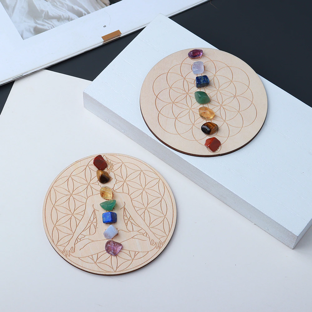 Dainty 7 Chakra Crystal Set + Wood Grid