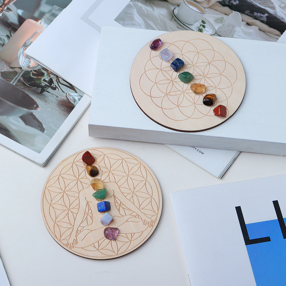 Dainty 7 Chakra Crystal Set + Wood Grid