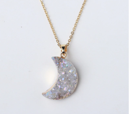 Collier lune en cristal druzy - chaîne en or 18 carats et argent
