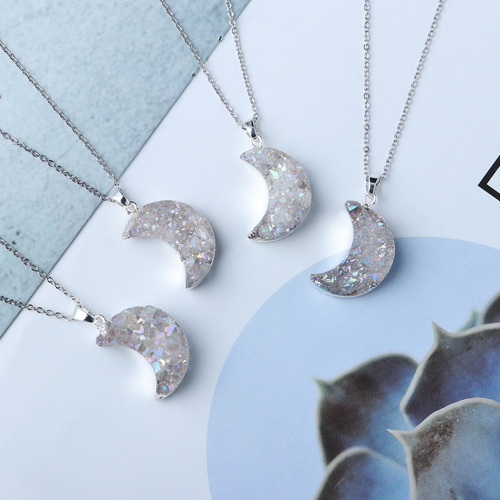 Collier lune en cristal druzy - chaîne en or 18 carats et argent