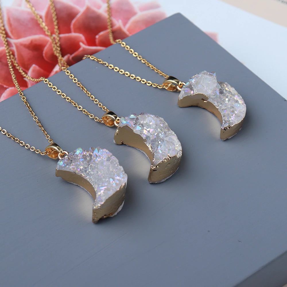 Collier lune en cristal druzy - chaîne en or 18 carats et argent