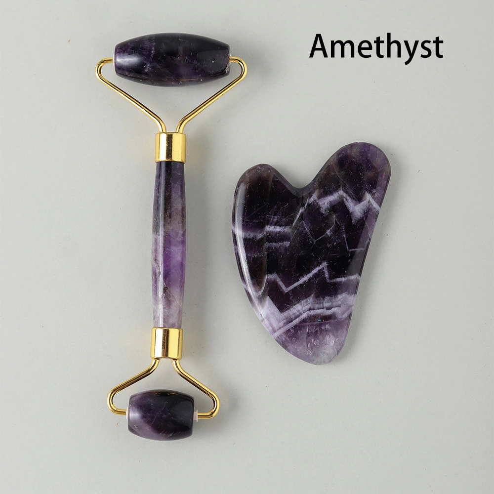 Natural Crystal Face Roller and Gua sha set - Amethyst Rose Quartz Aventurine Green Jade