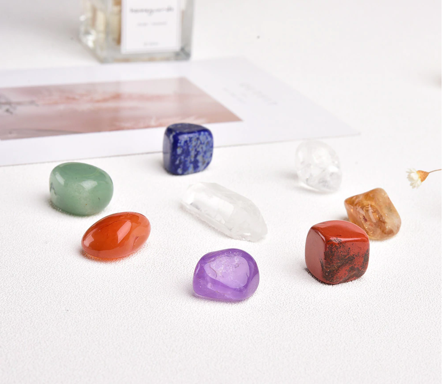 Juego de cristales pulidos para los 7 chakras: 7 cristales + 1 cuarzo transparente adicional