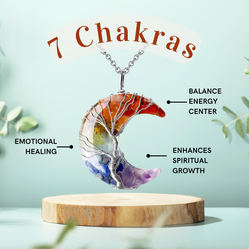 7 Chakra Crescent Moon Magic - Wrapped Crystal Necklace