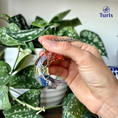 7 Chakra Crescent Moon Magic - Wrapped Crystal Necklace