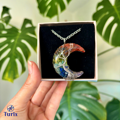 7 Chakra Crescent Moon Magic - Wrapped Crystal Necklace