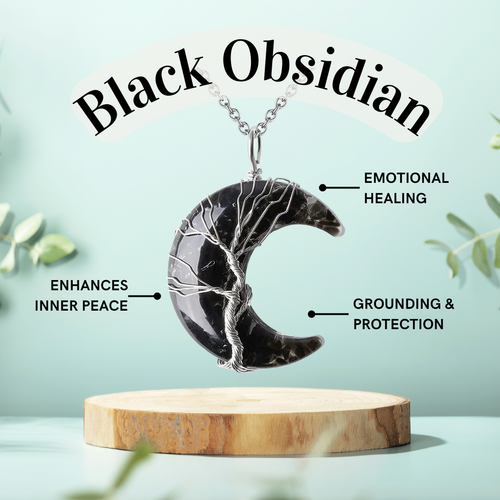Black Obsidian Crescent Moon Magic - Wrapped Crystal Necklace