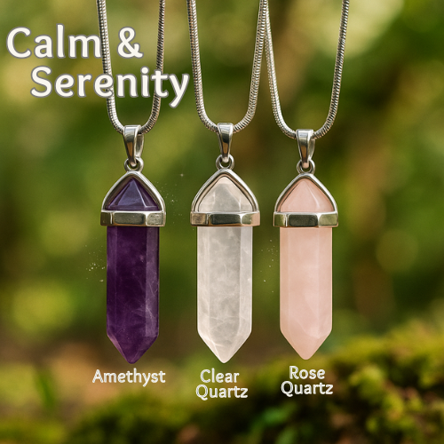 Calm &amp; Serenity Crystal Necklace set - Amethyst, Rose Quartz &amp; Clear Quartz