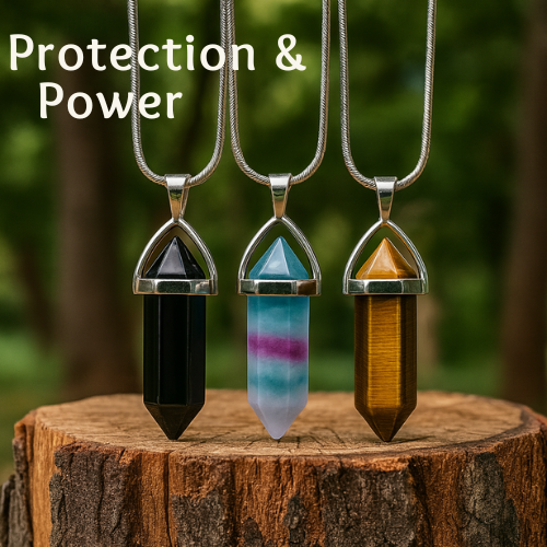 Protection &amp; Power Crystal Necklace set - Onyx, Fluorite, Tiger Eye