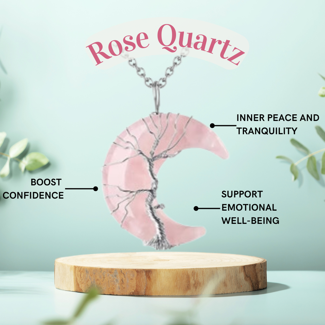 Rose Quartz Crescent Moon Magic - Wrapped Crystal Necklace
