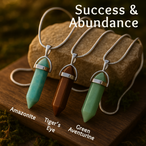 Success & Abundance krystalsmykkesæt - Amazonit, Tigerøje & Aventurin