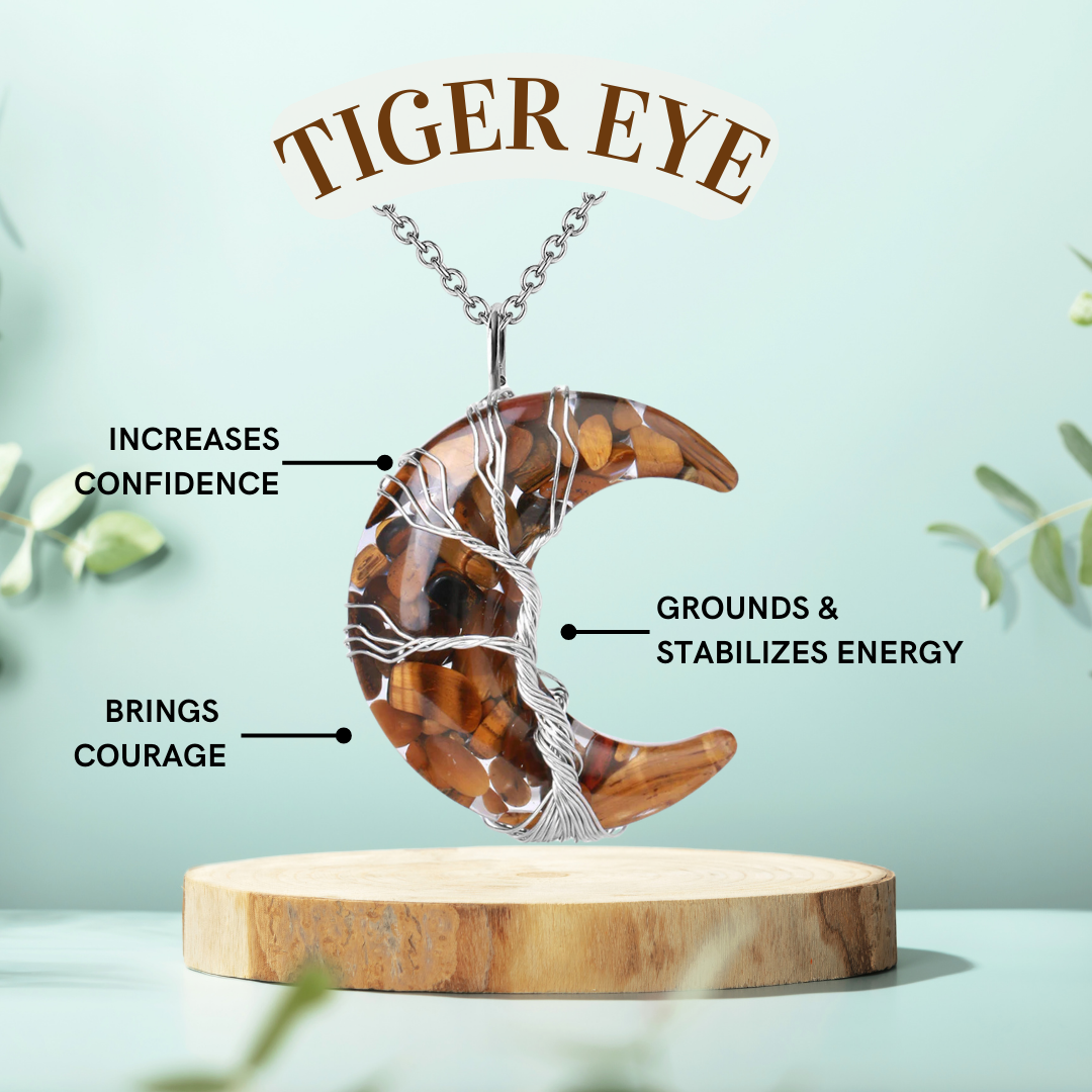 Tiger Eye Crescent Moon Magic - Wrapped Crystal Necklace