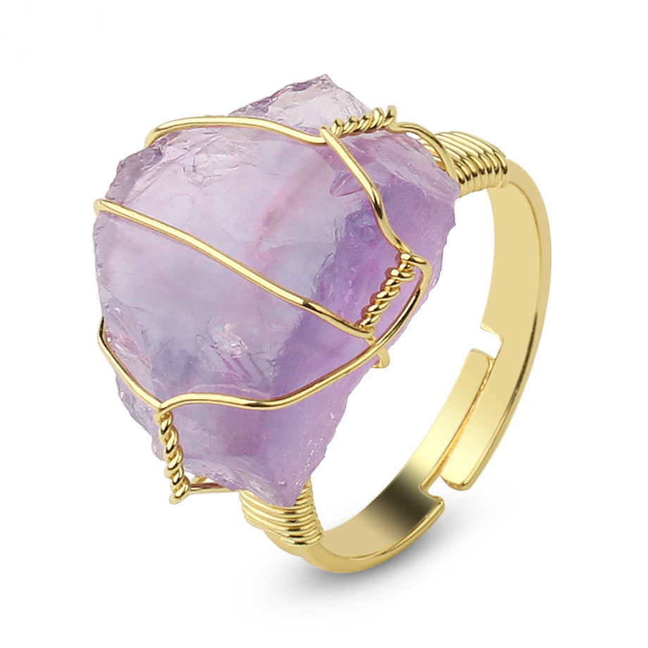 Anillo de cristal crudo envuelto en alambre - Tamaño ajustable