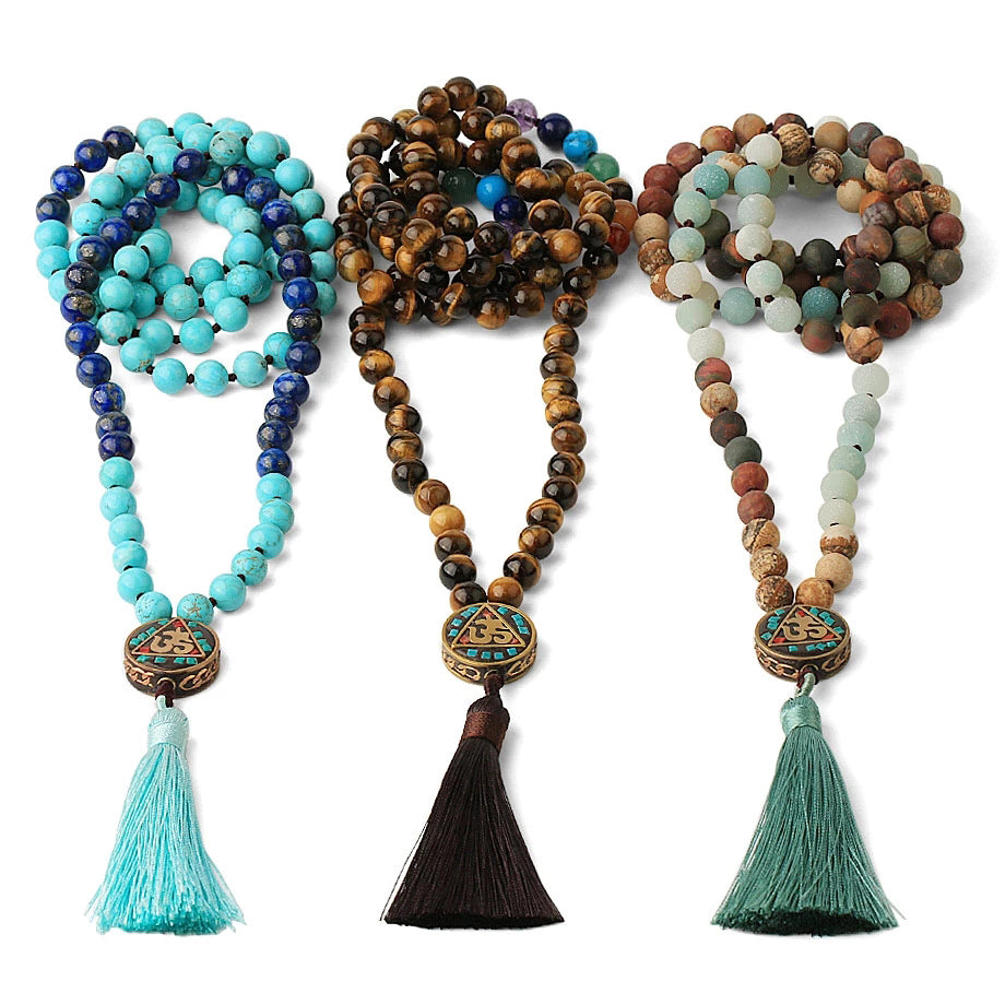 Amazonite and Picture Jasper Mala - Long 8mm bead