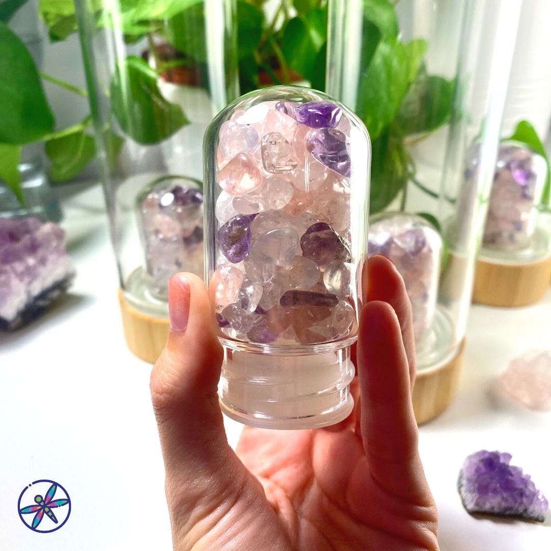 Serenity Crystals Bamboo Bottle with Amethyst, Clear Quartz &amp; Rose Quartz