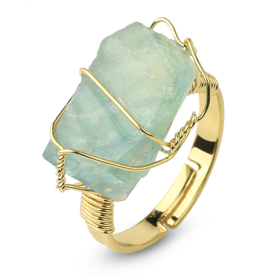 Anillo de cristal crudo envuelto en alambre - Tamaño ajustable