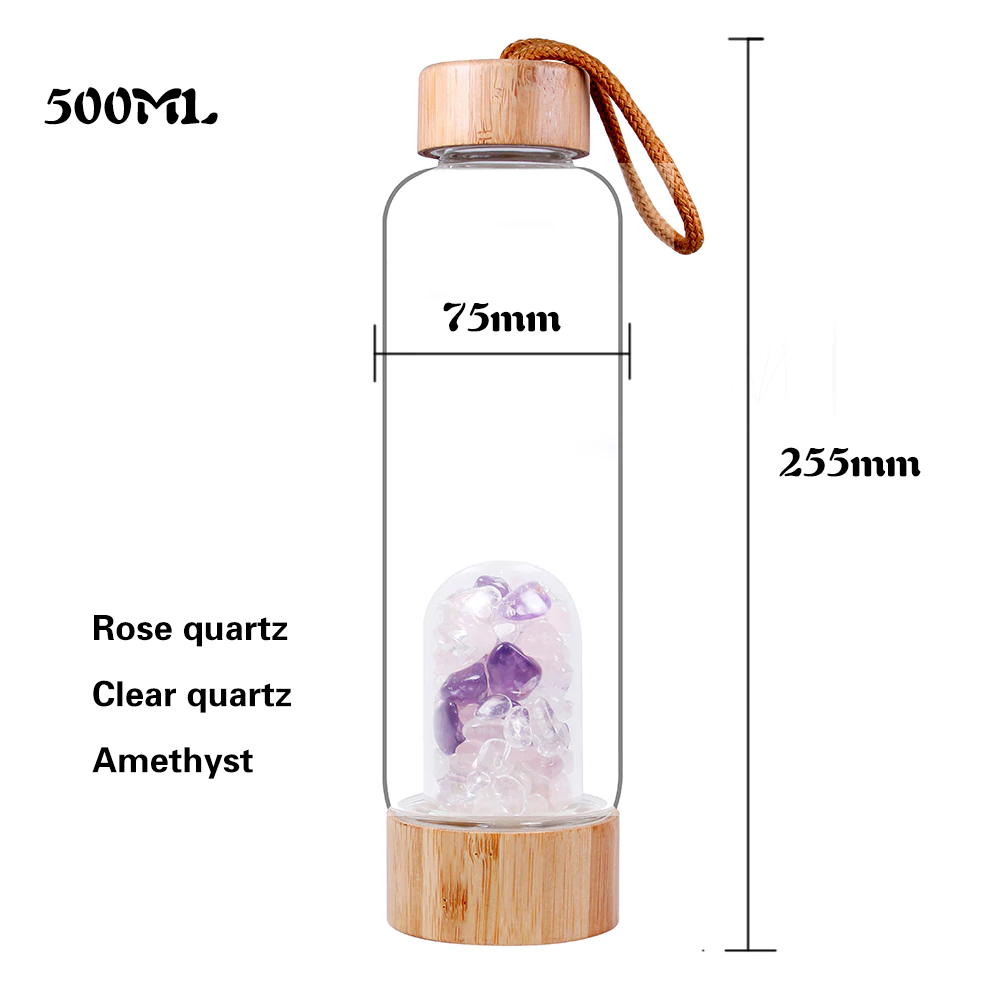 Serenity Crystals Bamboo Bottle with Amethyst, Clear Quartz &amp; Rose Quartz
