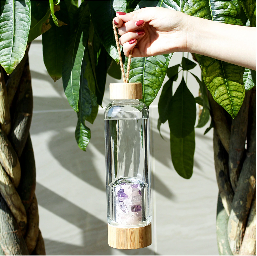Serenity Crystals Bamboo Bottle with Amethyst, Clear Quartz &amp; Rose Quartz