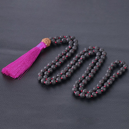 Lava Rock Mala with Rudraksha - 6 mm beads