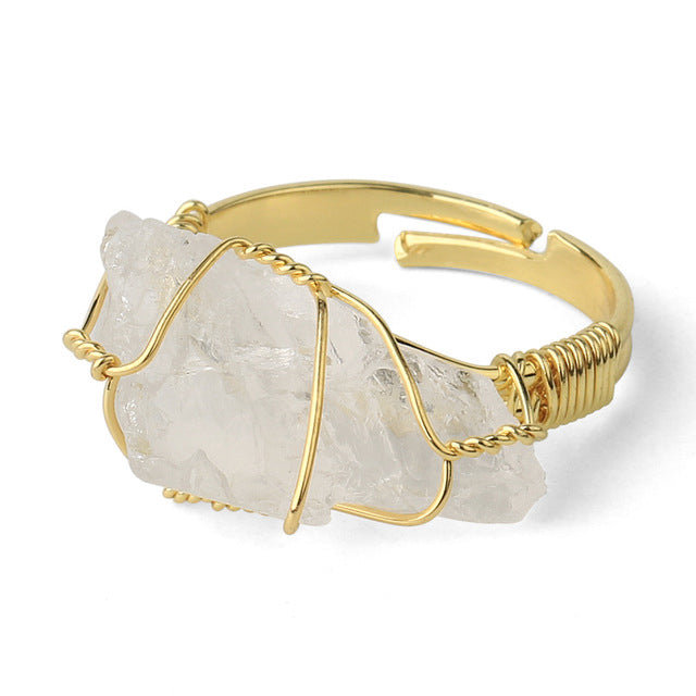 Anillo de cristal crudo envuelto en alambre - Tamaño ajustable
