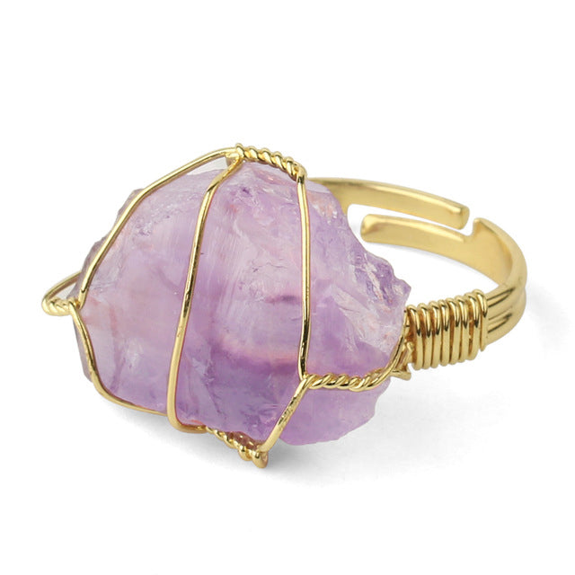 Anillo de cristal crudo envuelto en alambre - Tamaño ajustable
