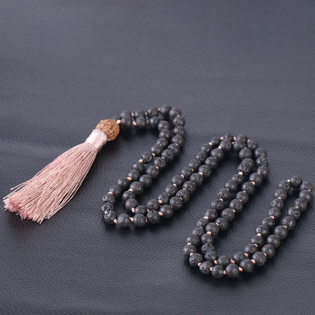 Lava Rock Mala with Rudraksha - 6 mm beads