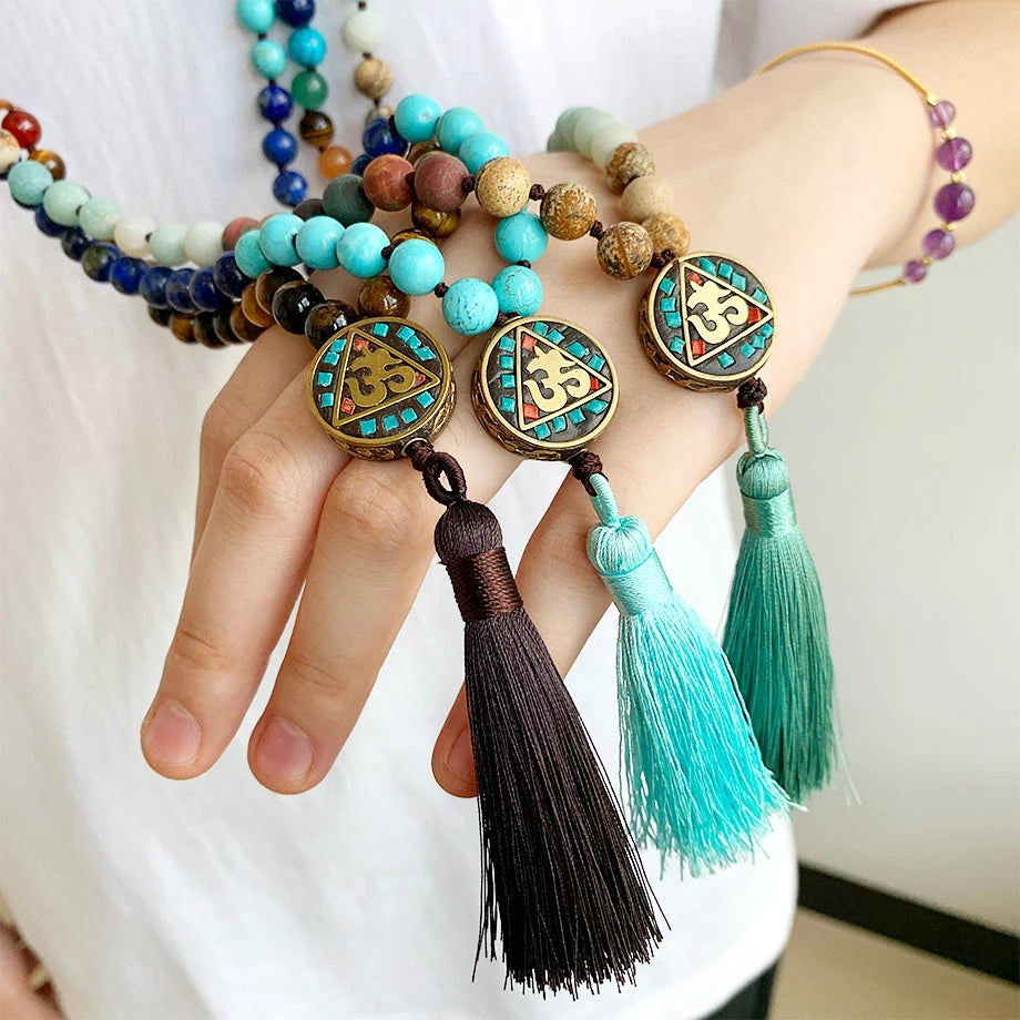 Amazonite and Picture Jasper Mala - Long 8mm bead