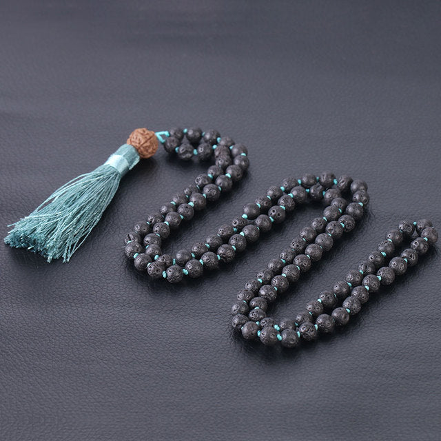 Lava Rock Mala with Rudraksha - 6 mm beads