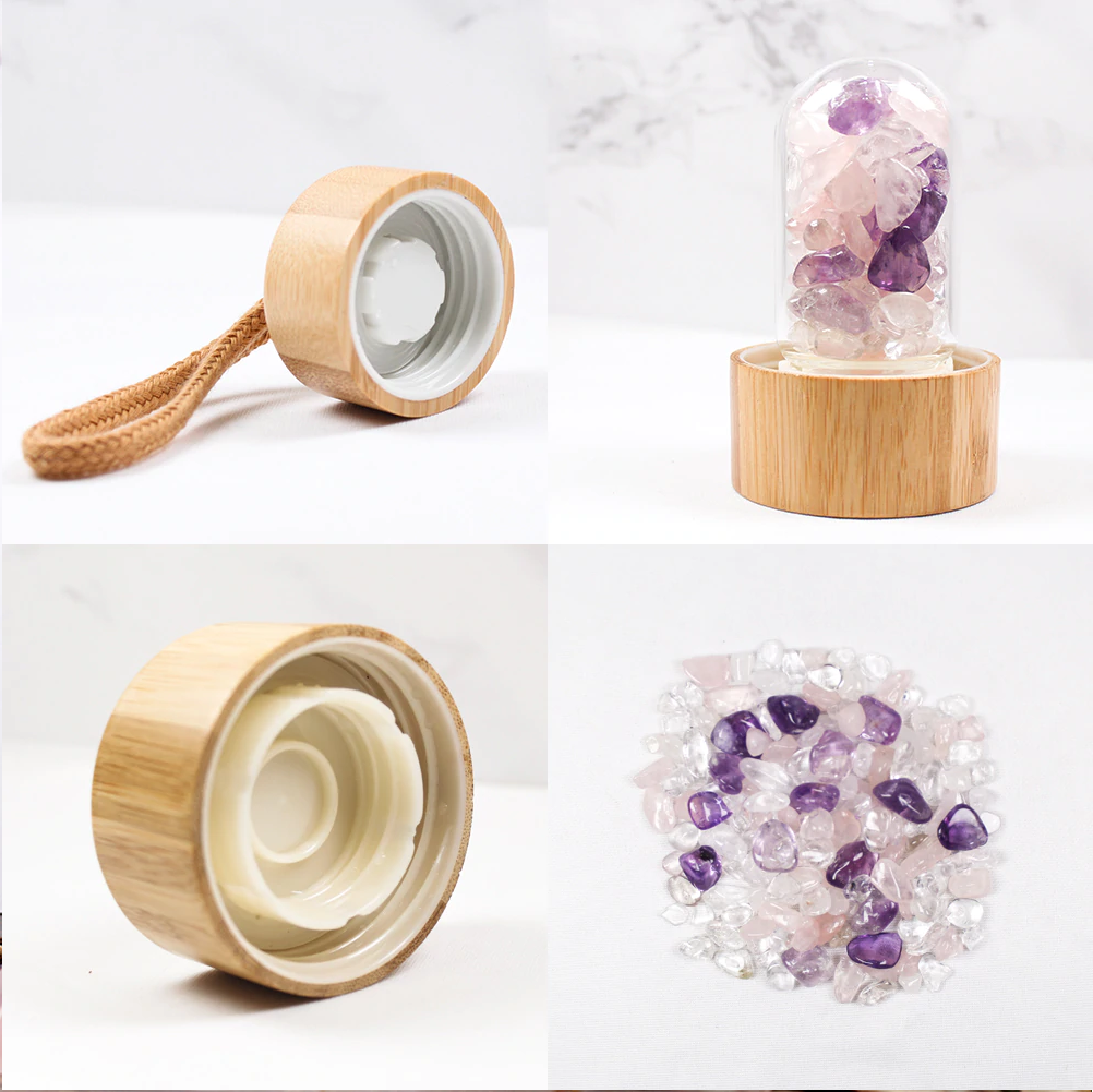 Serenity Crystals Bamboo Bottle with Amethyst, Clear Quartz &amp; Rose Quartz