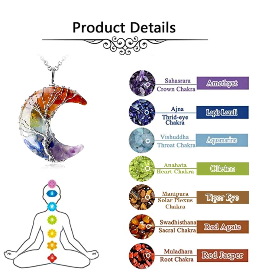 7 Chakra Crescent Moon Magic - Wrapped Crystal Necklace