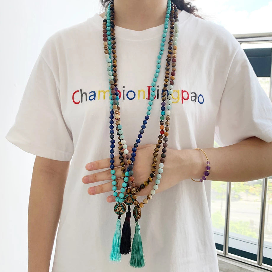 Amazonite and Picture Jasper Mala - Long 8mm bead