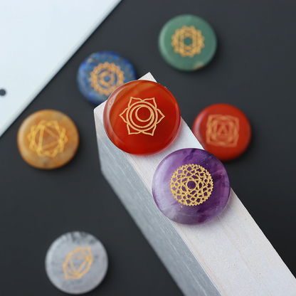 7 Chakra Crystal Set with Engraved Chakra Symbols - 7 pieces