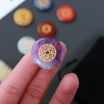 7 Chakra Crystal Set with Engraved Chakra Symbols - 7 pieces