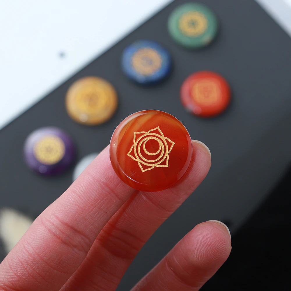 7 Chakra Crystal Set with Engraved Chakra Symbols - 7 pieces
