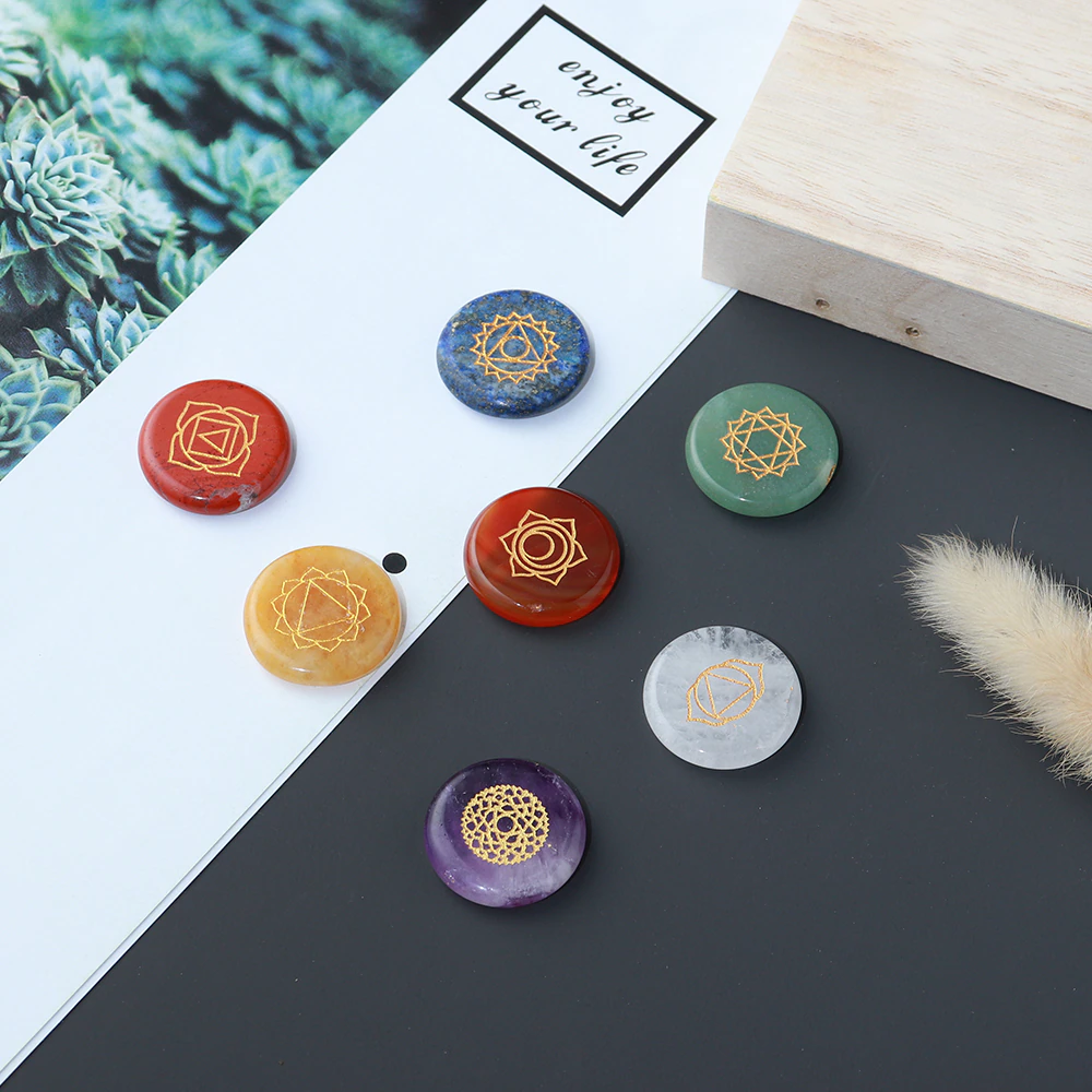 7 Chakra Crystal Set with Engraved Chakra Symbols - 7 pieces