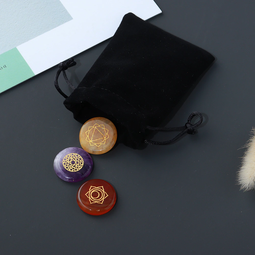 7 Chakra Crystal Set with Engraved Chakra Symbols - 7 pieces
