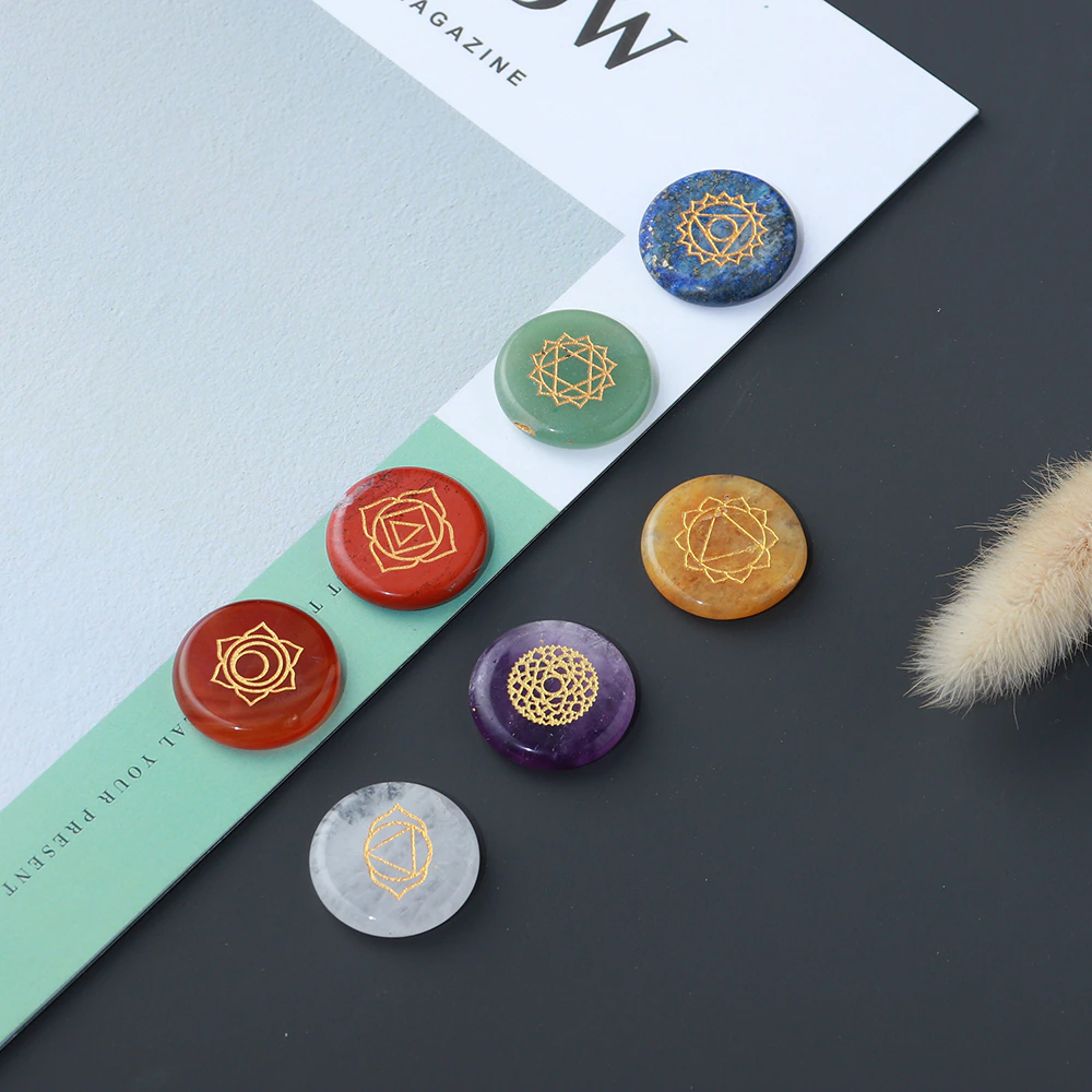 7 Chakra Crystal Set with Engraved Chakra Symbols - 7 pieces