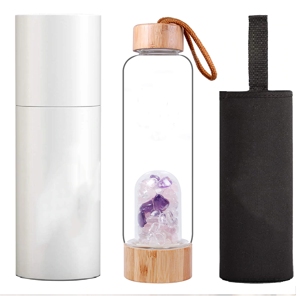 Serenity Crystals Bamboo Bottle with Amethyst, Clear Quartz &amp; Rose Quartz