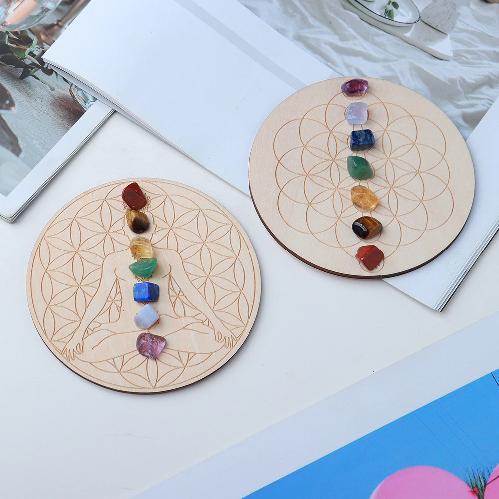Dainty 7 Chakra Crystal Set + Wood Grid