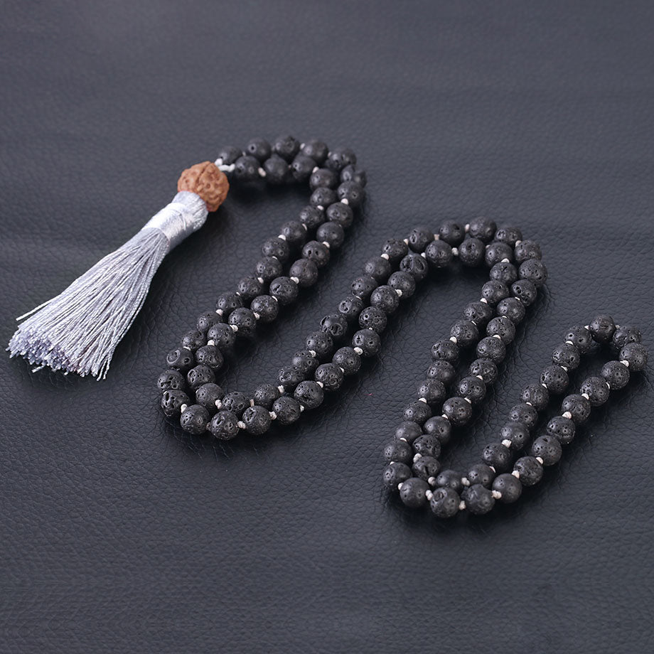 Lava Rock Mala with Rudraksha - 6 mm beads