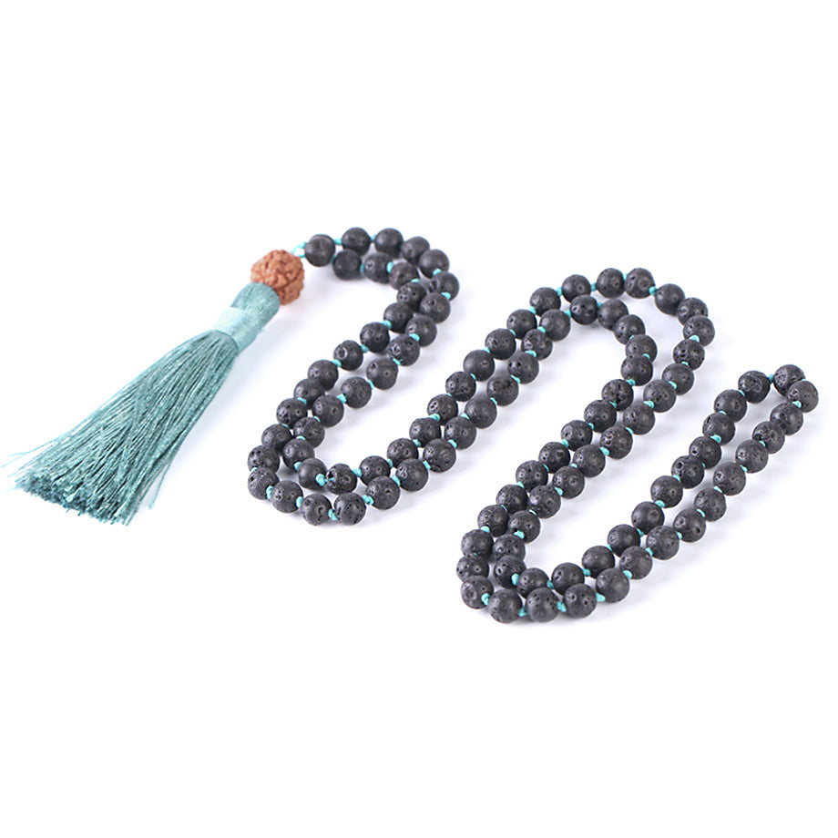 Lava Rock Mala with Rudraksha - 6 mm beads