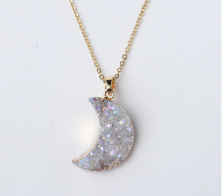 Druzy Crystal Moon necklace - 18k Gold & Silver chain