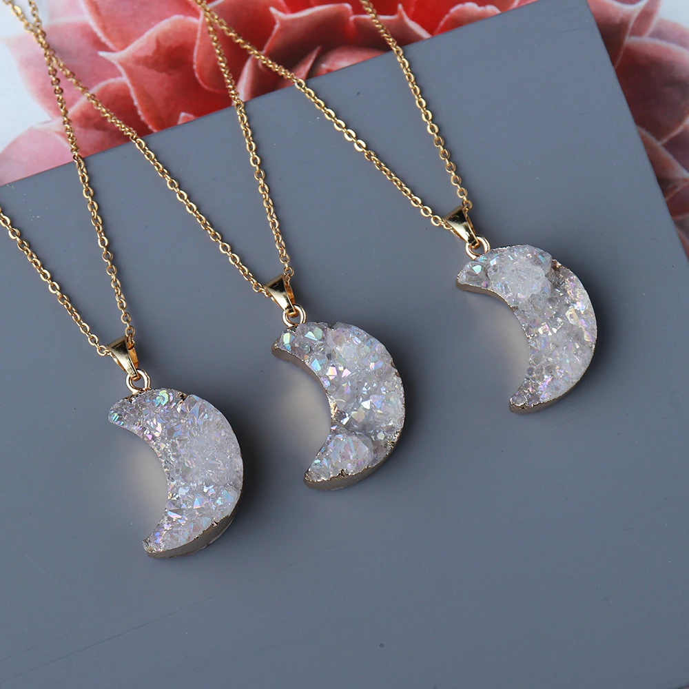 Druzy Crystal Moon necklace - 18k Gold &amp; Silver chain