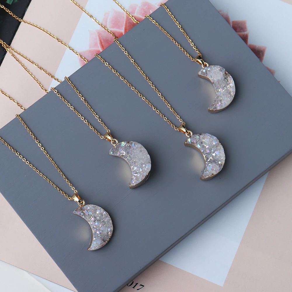 Druzy Crystal Moon necklace - 18k Gold &amp; Silver chain