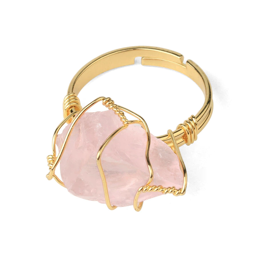Anillo de cristal crudo envuelto en alambre - Tamaño ajustable