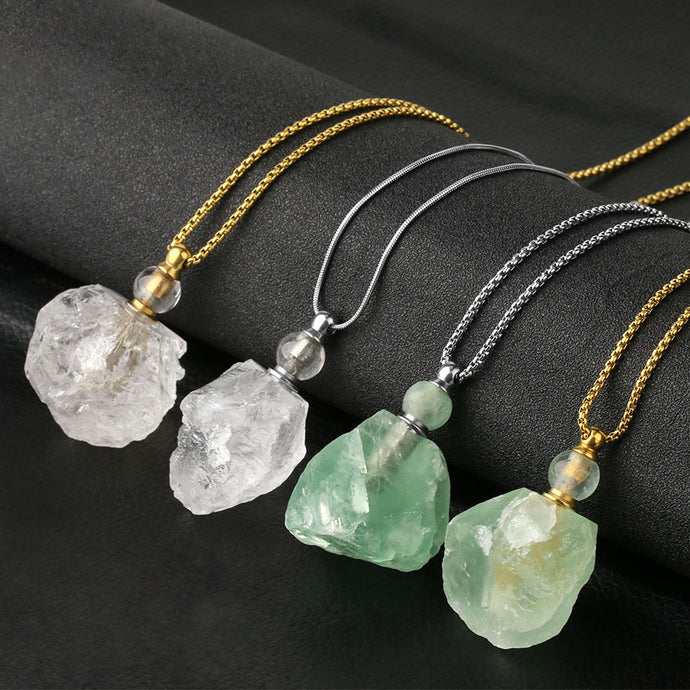 Crystal Essential Oil Necklace - Fluorite and Clear Quartz